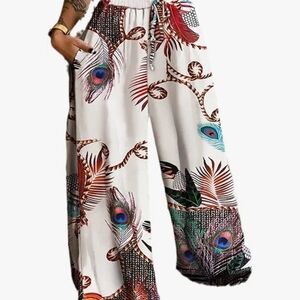 Peacock Feather Print Wide-Leg Pants